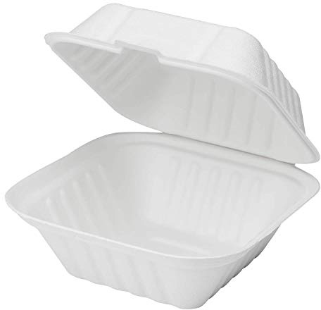 AwesomeProducts Compostable Clamshell Hinged Food Container - Bagasse/Sugarcane - 200 Pack (6x6 Inch)