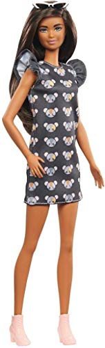 Barbie- Fashionistas, Bambola Castana, con Vestitino con Stampa, Stivali e Occhiali da Sole, Giocattolo per Bambini 3+Anni, GHW54