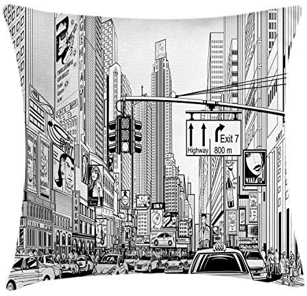 ABAKUHAUS NYC Kissenbezug, Straße von New York Urban Sketch, Dekokissenhüllen Waschbar Inn/Outdoor Beidseitiger Druck mit Reißverschluß, 50 x 50 cm, Weiß Grau