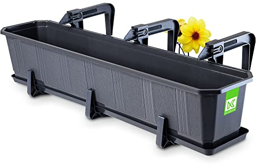 KADAX Jardinera Elegante con Plato y Soporte Robusto para Barandilla de Balcón, Maceta Rectangular de Plástico, Macetero Colgante (Grafito, 80 cm)