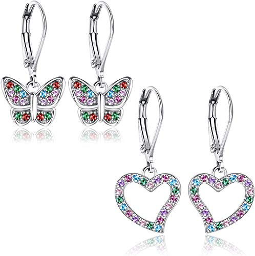 Adramata 2 Paar CZ Leverback Ohrringe für Damen Mädchen S925 Sterling Silber Post Kristall Schmetterling Herz Hebel Ohrringe Niedliche Stern-Ohrringe Turtle Dangle Ohrringe Set für Mädchen