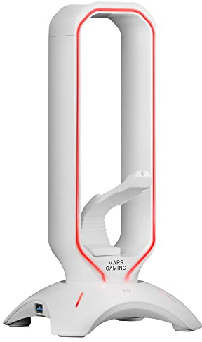 Mars Gaming MHHPRO, Soporte Auriculares 3en1 con Iluminación RGB Flow Touch, Bungee para Ratón, HUB con 2 USB 3.0, Base Antideslizante y Diseño Compacto, Blanco