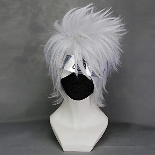 Anime Hatake Kakashi Kurze Schicht Silbergrau Hitzebeständiges Kunsthaar Cosplay Perücke + Stirnband + Haarnetz