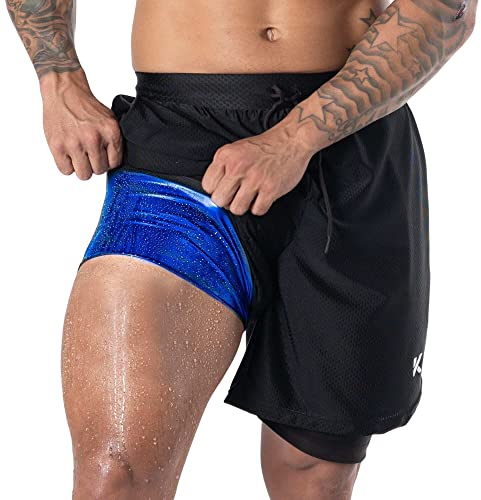Kewlioo Pantaloncini da sauna da uomo, 2 in 1, a doppio strato, per allenamento a compressione, per palestra, atletica, nero, XL