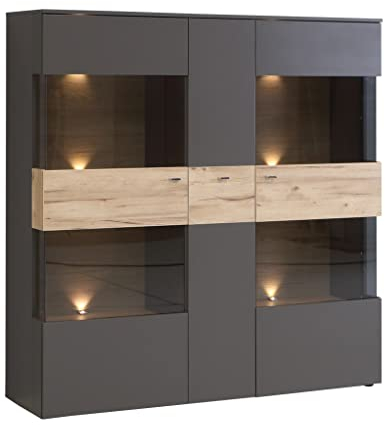 Newroom Vitrine Grau und Planked Eiche Vitrinenschrank Modern - 149,8x152,1x41,3 cm (BxHxT) - Glasvitrine Standvitrine Glasschrank - [Melvin.Four] Wohnzimmer Wohnstube