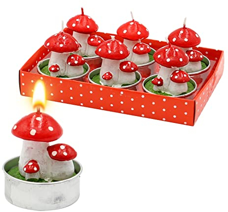 Dekohelden24 Kerzen/Teelichte als Pilze - Glückspilze im 6er Set, Maße je Teelicht 3 x 4 x 3 cm