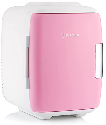 Subcold Classic4 Mini Fridge - Cooler & Warmer | 4 Litre/6 Cans | AC+USB | Portable Small Fridge for Skincare, Bedroom, Dorm, Car, Travel (White/Pink) (Renewed)
