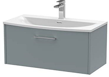 Hudson Reed JNU2325G Juno Modern Bathroom Wall Hung Single Drawer Vanity with Curved Ceramic Basin, 800mm, Matt Coastal Grey