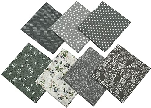 Jukway 7 Stück Baumwollstoff Set 50 x 50 cm Quadrate Patchwork Stoffe zum Nähen Quilten DIY Dekoration Basteln Handwerken, Reine Baumwolle Stoff Bedruckte Verschiedene Muster Stoffpakete (Grau)
