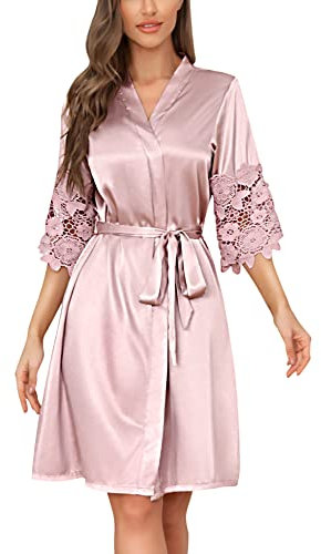 RSLOVE Peignoir Satin Femme Robe de Mariée en Dentelle Kimono Bridesmaid Dressing Gown Long Bride Robes pour Mariage Rose L
