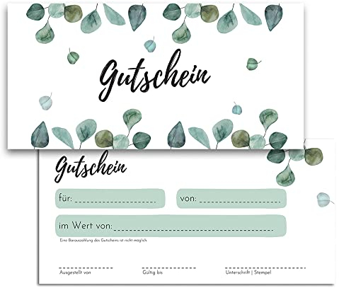 Blanko Gutscheine zum selber Ausfüllen - Hochwertige Gutscheinkarten für Unternehmen, Firmen & Gastronomie (50x Stück, Eukalyptus)