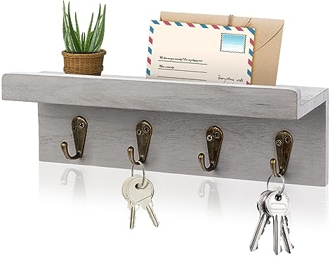 HRONRAD Rustikaler Schlüsselhalter für die Wand, Bauernhaus-Wandregal mit 4 Haken, Wandmontage, Schlüsselhalter, Holzbrief-Organizer mit Haken für den Eingangsbereich (Grau)