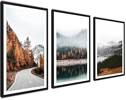 ag.art deco Natur Landschaft 3er Poster Set | 3 Stück DIN A4 21x30cm MIT RAHMEN schwarz | Waldstraße Berge Wald Braun Gold