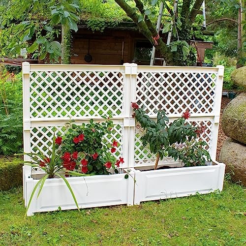 NYVI Pflanzkasten NYVIGreen 100x43x140 cm 110 Liter mit Zentralspalier 2er Set - Pflanzkübel aus wetterfestem & recyceltem Kunststoff - Pflegeleicht, Montage ohne Werkzeug, Farbe:Weiß