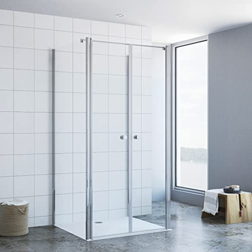AQUALAVOS 3-seitige Duschkabine U Form 90x80x197cm U-Kabine Duschtür Duschabtrennung Duschwand Glas Dusche Eckdusche Pendeltür Klarglas 6mm Nano Sicherheitsglas mit Heb-Senk-Mechanismus