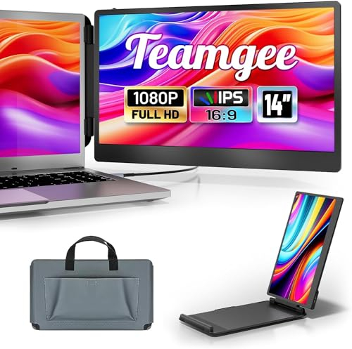Teamgee Laptop Monitor erweiterung, 14„ FHD 1080P IPS Portable Monitor für Laptop, Eingebauter Stand/Lautsprecher, Dual Screen für 13“-17“ Laptops, Plug & Play Geeignet für Mac, Wins, Android