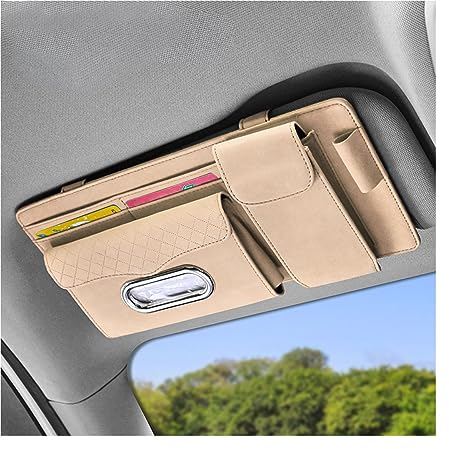 JNNJ Auto-Sonnenblende-Organizer, Kartenhalter Einstellbare Sonnenblende Organizer, Auto Multifunktionale Aufbewahrungstasche Für Sonnenbrillen, Bankkarten(Beige)