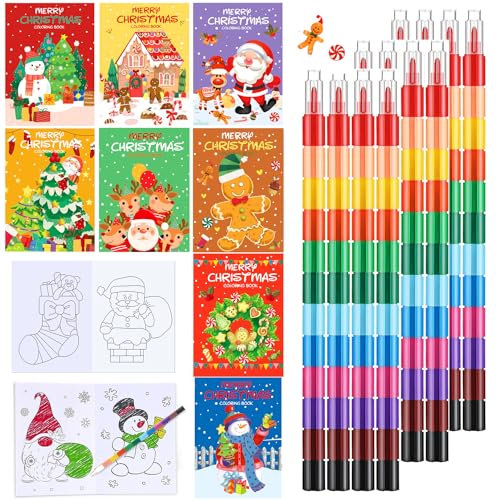YeahBoom 8 Stück Weihnachten Mini Malbuch und 12 Stück Stapelbare Wachsmalstifte, 12 Farben Malen ​Buntstifte für Malerei Geschenk Büro Schulbedarf, Geburtstag Geschenke Set