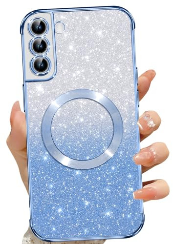 Phoona für Samsung Galaxy S21 Hülle, Magnetisch Handyhülle Kompatibel mit MagSafe, Keine Vergilbung, Kratzfeste, Ganzkörperschutz Glitzer Hülle für Samsung S21 5G, Mit 2 Schutzfolie, Blau