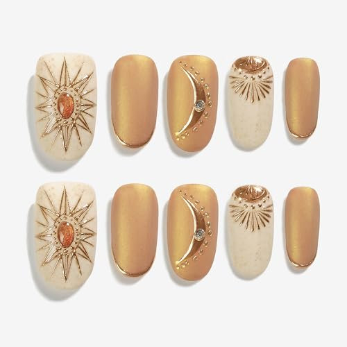 Sun&Beam Nails Handmade Press-on Medium Long Oval Round Beige Brown Gold Bohemia Design False Nail Tips 10 Pcs (#135 L)