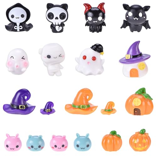 19 Stück Mini Figuren Halloween Harz Miniatur Ornamente Klein Kürbis Schädel Vampir Geist Fledermäuse Hexenhut Halloween Dekoration Figuren für Garten Tischdeko Bonsai Puppenhaus Landschaft
