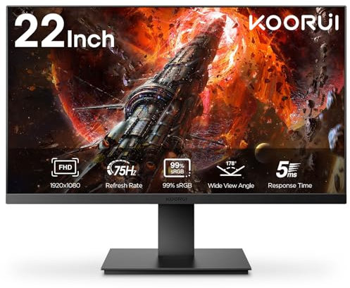 KOORUI 22 Inch Business Computer Monitor, FHD 1080p 75hz Desktop Monitor, Ultra Thin Eye Care Bezel HDMI VGA Ports LED Monitor for PC, Black