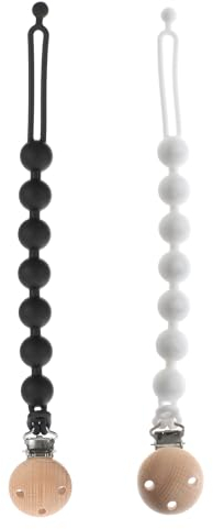 meanus Catenella portaciuccio in silicone 2 in 1 e giocattolo massaggiagengive in design monoblocco, per bambini e bambine, senza BPA, confezione da 2 (bianco + nero)