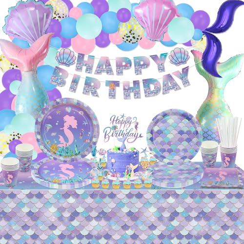175 decorazioni di compleanno a forma di sirena: palloncini, piatti per feste, striscioni, tazze, tovaglia con squame, decorazioni per torte per ragazze e bambini, accessori per feste a tema oceano
