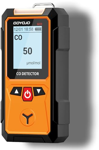GOYOJO Kohlenmonoxid Detektor, 0-2000 ppm (μmol/MOL), CO-Monitor mit Akustischem und Visuellem Alarm sowie LCD-Bildschirm für Haushalt und Arbeitssicherheit/Reisen/Camping/Campervan/Wohnmobil
