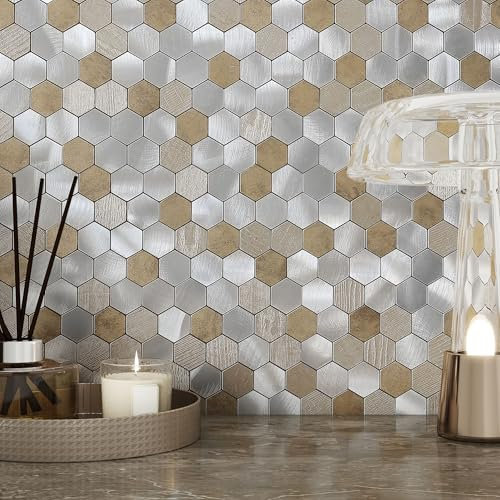 M MOFIT Hexagon Self Adhesive Wall Tiles 3D Mosaic Stick on Splashback for Kitchen Bathroom Waterproof(Beige Champagne,10PCS)