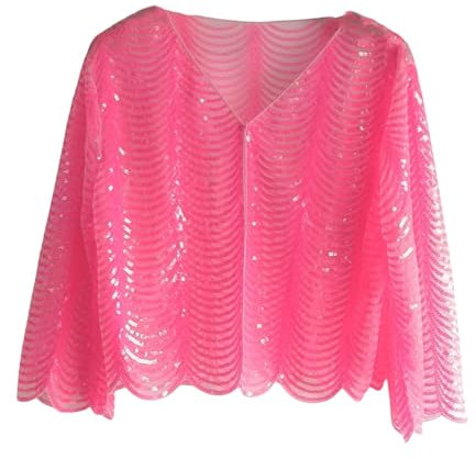FWSHANGMAO Boléro À Paillettes Scintillantes pour Femme, Manches 3/4 Évasées, Cardigan Court, Dentelle Vintage, Ourlet Festonné, Ouvert sur Le Devant, Boléro pour Robes De Soirée, Rose Fluo,