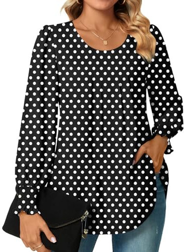 Bestbee Womens Long Sleeve Tunic Tops Dressy Chiffon Blouses Crew-Neck Smocked Cuffs Sleeve Shirts Casual T-Shirts Ladies Pleated Tops, Polka Dots Black, XL