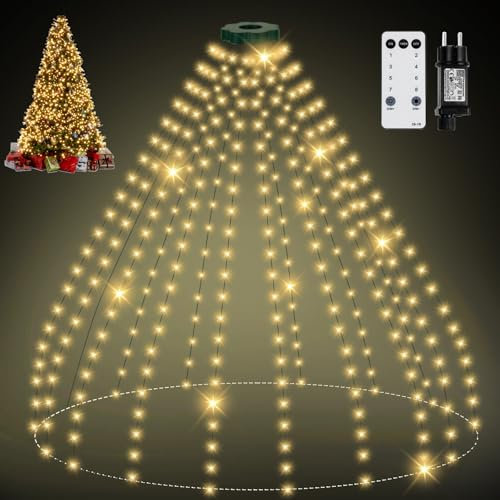 Lichterkette Weihnachtsbaum mit Ring, 2.5M 16 Stränge 400 LED IP65 Wasserdicht Lichterkette außen mit 5 m Zuleitung weihnachtsbeuleuchtung innen 8 Modi Timer für 150, 180, 240cm Tannenbaum- Warmweiß