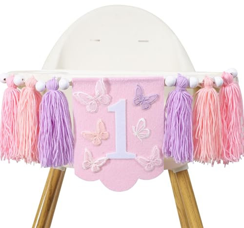 1. Geburtstag Hochstuhl Banner - Fee Schmetterling Rosa und Lila Quaste, Frühling Schmetterling 1. Geburtstag Dekoration für Mädchen
