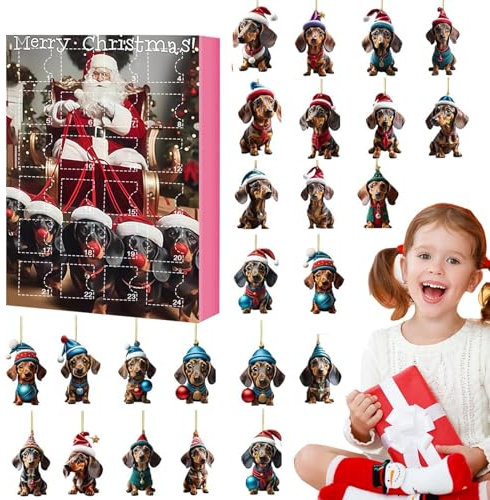 Dackel Adventskalender 2024, Adventskalender für Hunde, 24 Tage Weihnachten, Ornament Kalender für Haustiere, Dackel Anhänger Set zum Sammeln für Dekoration