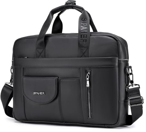 SPAHER Sacoche Ordinateur Cuir Homme 15,6 Pouces Porte Document Sac Bandoulière à Main Affaire Serviette Business