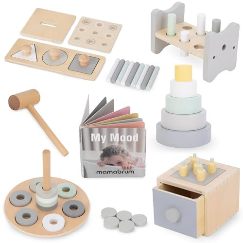 Mamabrum Montessori Spielzeug ab 1 Jahr aus Holz – 6-in-1 Motorikspielzeug für Kleinkinder – Pädagogisches Spielset – Geschenk Holzspielzeug ab 1 Jahr