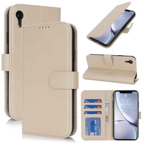 Zouzt Case for iPhone XR (6.1 Inch), Premium PU Leather Wallet Case with Credit Card Holder Slot Flip Folio Kickstand Shockproof Protective Phone Cover (Beige)