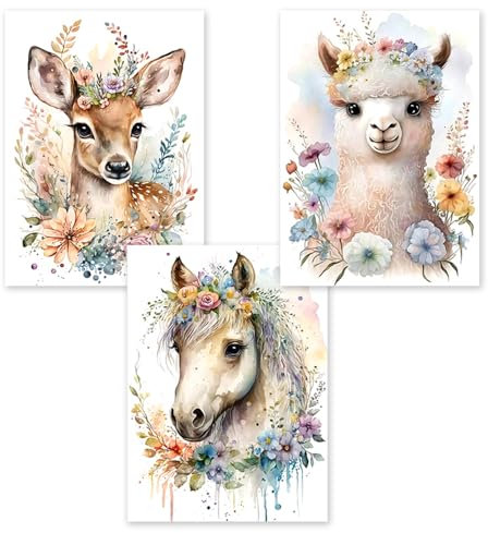 3 Affiche Jungle Chambre Enfant 30x40cm Poster Animaux Foret Bebe Aquarelle Cerf Cheval Alpaga Flowers Tableau Decoration Murale Fille Garcon Colorée Toile Animaux Chambre Bébé Cadeau sans Cadre