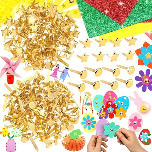 Srup 200 Pièces Mini Brads Fermetures en papier, Étoile Pointe Clous en Métal Rivets, Or Métal Attaches Broches Fendues, Attaches Parisiennes à Tête Métal Ronde (Tête ronde, étoile à cinq branches)