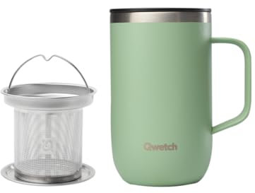 QWETCH - Mug Isotherme Inox Recyclé avec Anse & Filtre Infuseur Vert Tilleul - Tisanière Isotherme 470ml - Thermos Café & Thé - 6h Chaud & 12h Froid - Bouchon Coulissant Anti-Éclaboussures