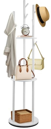 Trintion Garderobenständer, Drehbarer Kleiderständer Holz aus Kiefernholz mit 9 Haken & 3 Ablagen 170 cm Höhe, Freistehende Garderobe für Flur, Schlafzimmer, Büro (Weiß)
