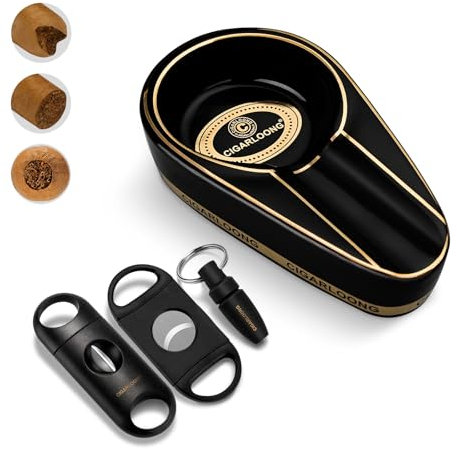 CLZOONG Posacenere per sigari con tagliasigari portatile, include posacenere in ceramica per sigari, ingrandire sigari ghigliottina tagliasigari Sharp V-Cut Cutter Punch con confezione regalo, set di
