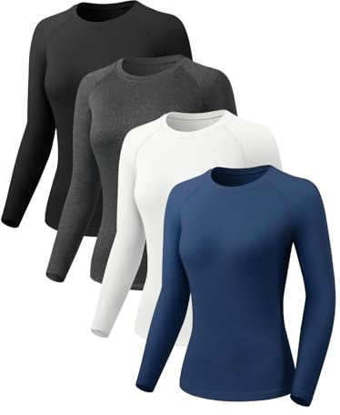 ATTIQOZI 4 Pack Langarmshirt Damen Schnelltrocknend Funktionsshirt Damen Kompressionsshirt Laufshirts, Atmungsaktiv Workout Fitness Oberteil Langarm Sportshirt