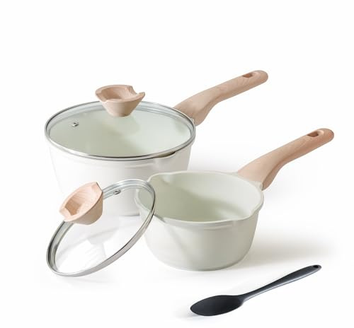 Kordisen Sauce Pan Set with Lid, 16cm+ 20cm Nonstick Cooking Pots with Pour Spout, Easy to Clean, Small Kitchen Induction Saucepan with Ceramic Coating, PFOA/PFOS Free (Cream)