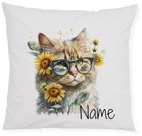 GRAZDesign Personalisiertes Kissen mit Katze – Kissenbezug mit Namen Bedruckt – Dekokissen für Kinderzimmer, Sofa Geschenk – 40x40 cm, Weiß