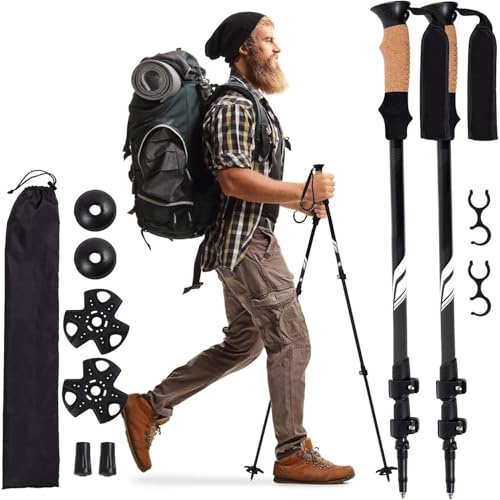 2er-Pack Wanderstöcke, leicht, verstellbar, Trekkingstöcke für Wandern, Camping und Rucksackreisen, Wanderstöcke mit Korkgriff und gepolstertem Gurt