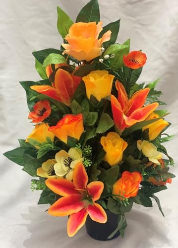 Silky Bouquets Flat-Back Grave Pot – Handmade Artificial Orange Lily & Rose Silk Flower Arrangement, Elegant Memorial Tribute, Lasting Cemetery Floral Decoration