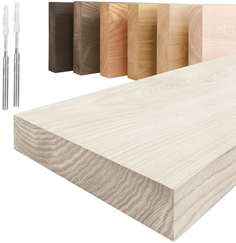 LAMO Manufaktur Schweberegal Holz mit unsichtbarer Befestigung | Wandregal 140 cm breit für Wohnzimmer, Home Office | Farbe: Weiß, Kante: gerade | Massivholz, modernes Design, Schwebende Optik
