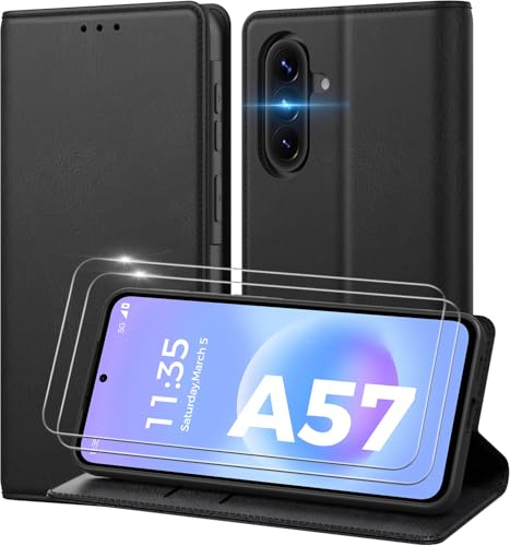 Peakally Handyhülle für Samsung Galaxy A57 5G Hülle, [Mit 2 Stück Panzer Schutz Glas] [Premium PU Leder] [RFID-Blockierung] [Kartenfach] Klapphülle Kompatibel mit Samsung A57, Graphit schwarz